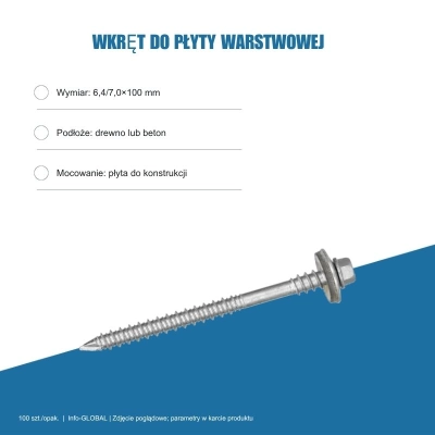 Wkręt do płyty warstwowej Info-GLOBAL ARW 0 CSG 6,4/7,0×100 mm, bez lakieru, 100 szt.